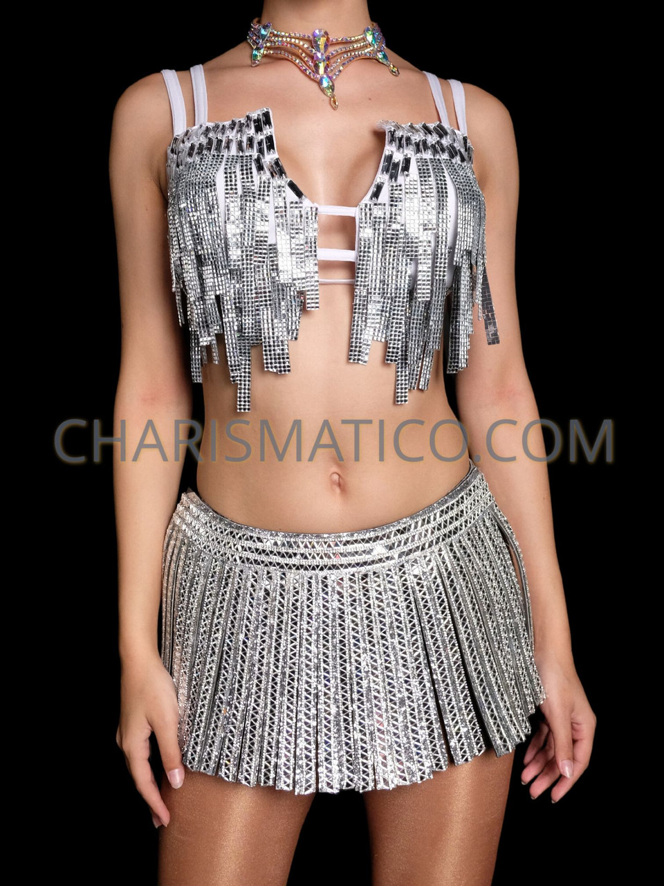 Stardust Silver Rhinestone Bra Skirt Set