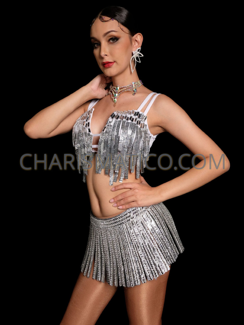 Stardust Silver Rhinestone Bra Skirt Set