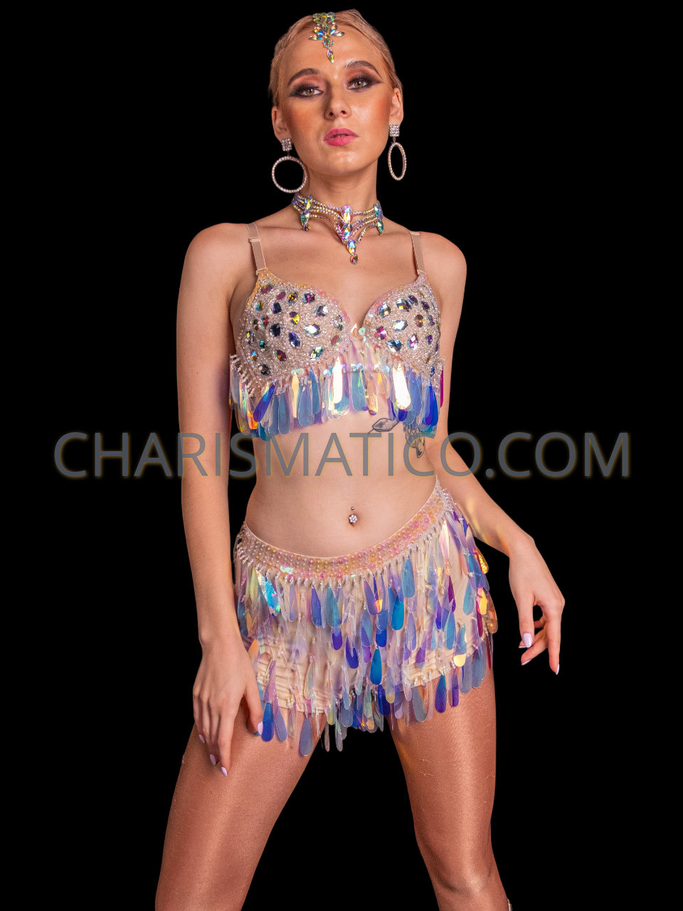 Champagne Teardrop sequin Rave Bra and Shorts