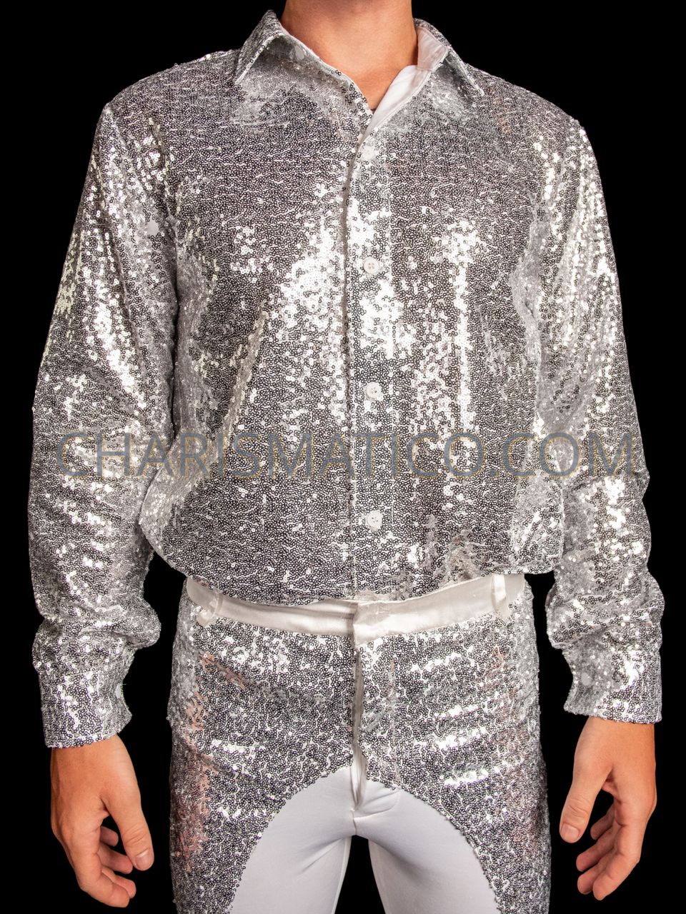 Shimmering Silver 70s Disco Party Men's Sequin Shirt