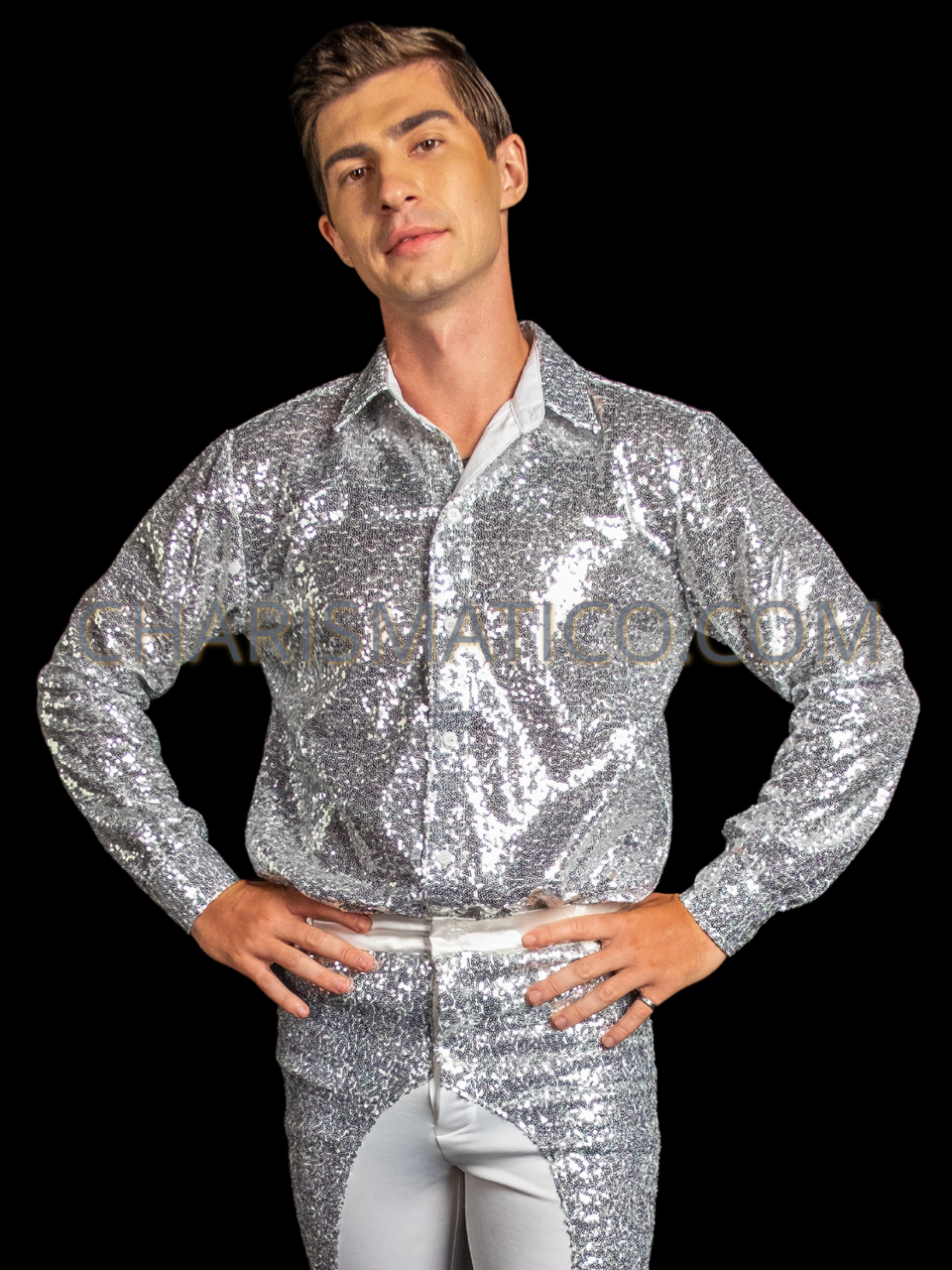 Shimmering Silver 70s Disco Party Men's Sequin Shirt