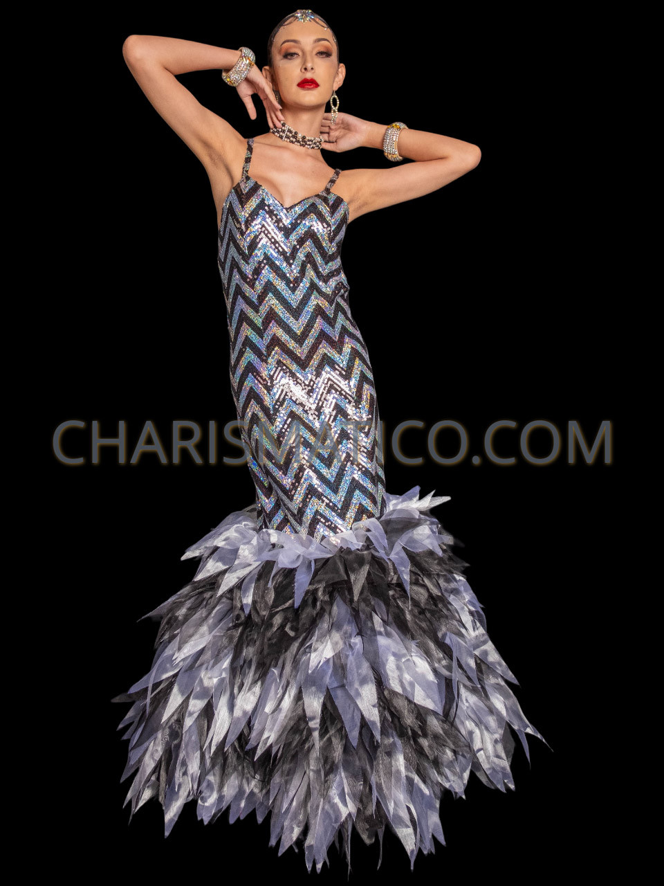 Galactic Zigzag Elegance Silver Black Sequin Drag Queen Gown