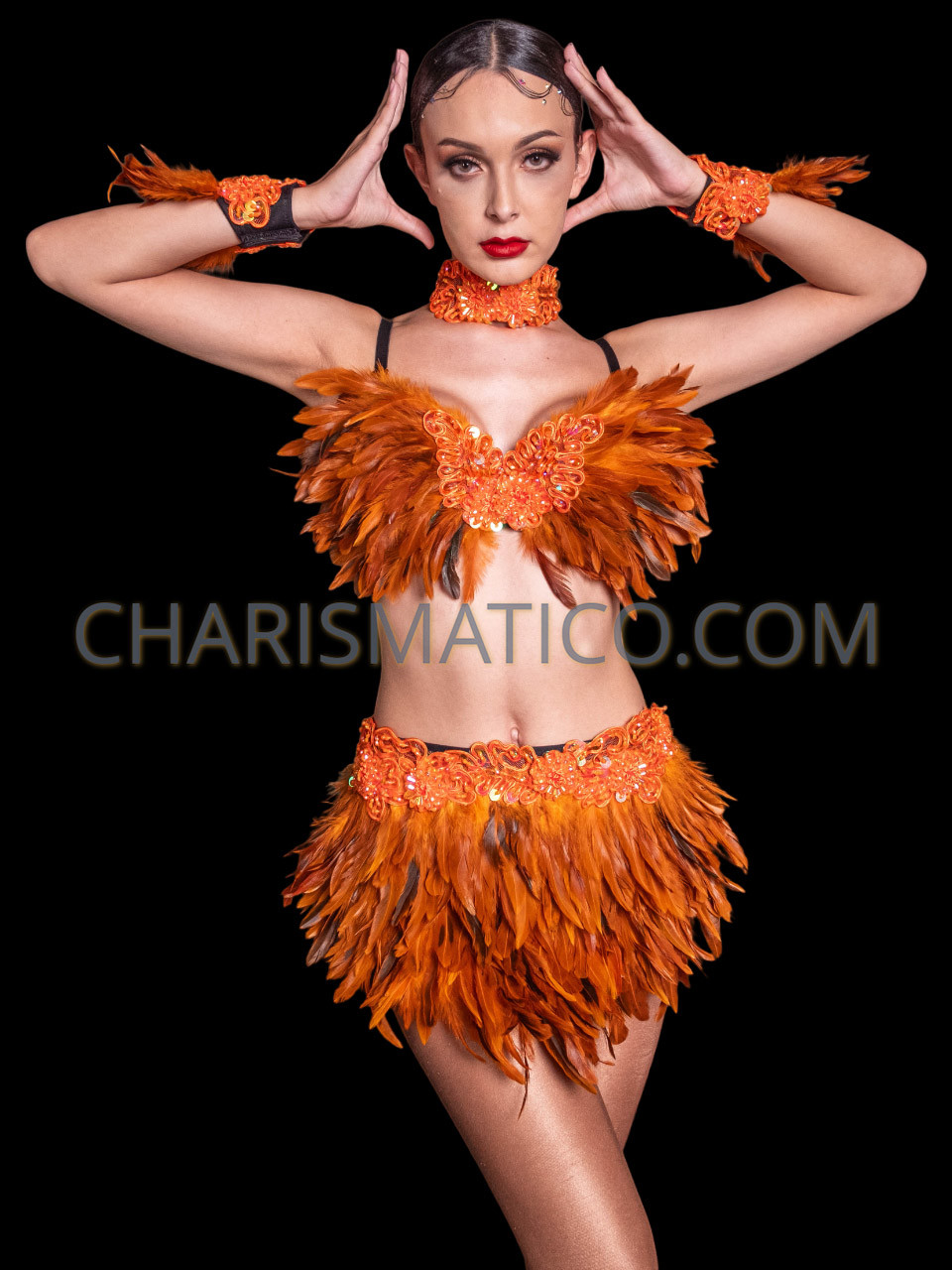 Samba Carnival Orange Feather Bra and Skirt Set