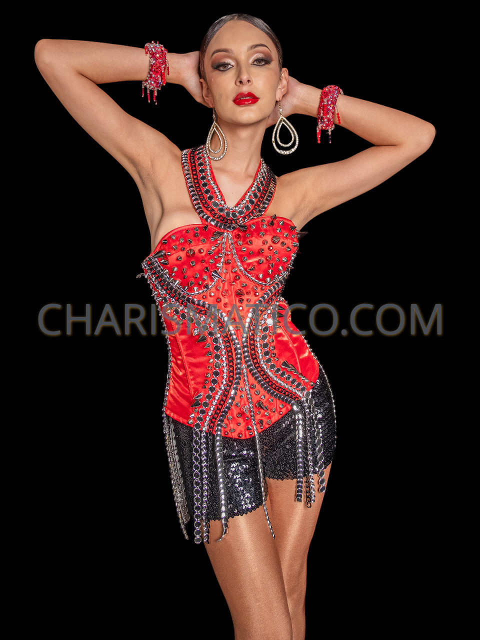 Red Stripes Extreme Waist Clasp Spike Corset