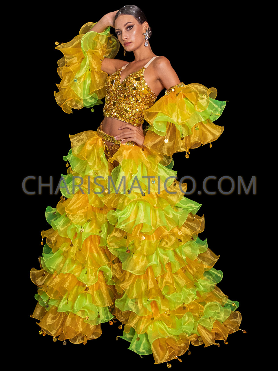 Green_Yellow_Organza_Ruffle_Sk