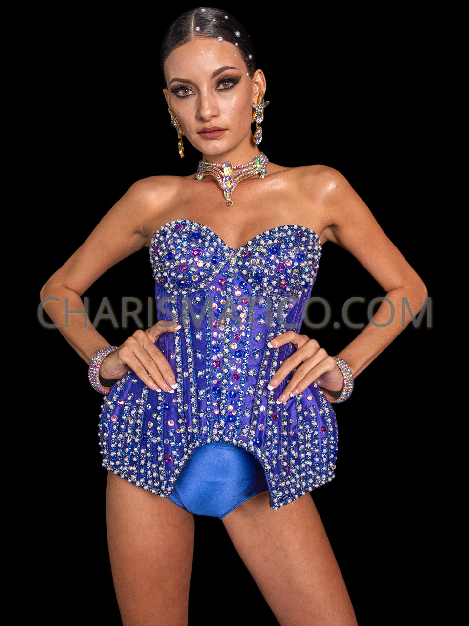 Sapphire Majesty Burlesque Satin Corset with Bulge Hip