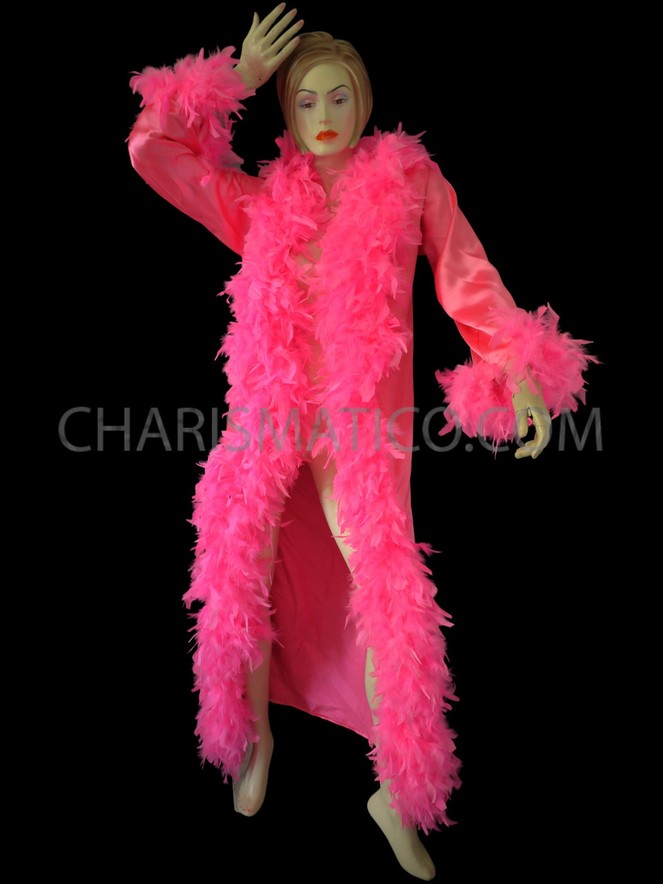 Floor-Length Hot Pink Boa Feather Trim Cover Up Style Drag Queen Coat