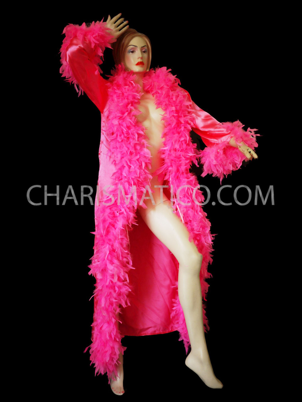 Floor-Length Hot Pink Boa Feather Trim Cover Up Style Drag Queen Coat