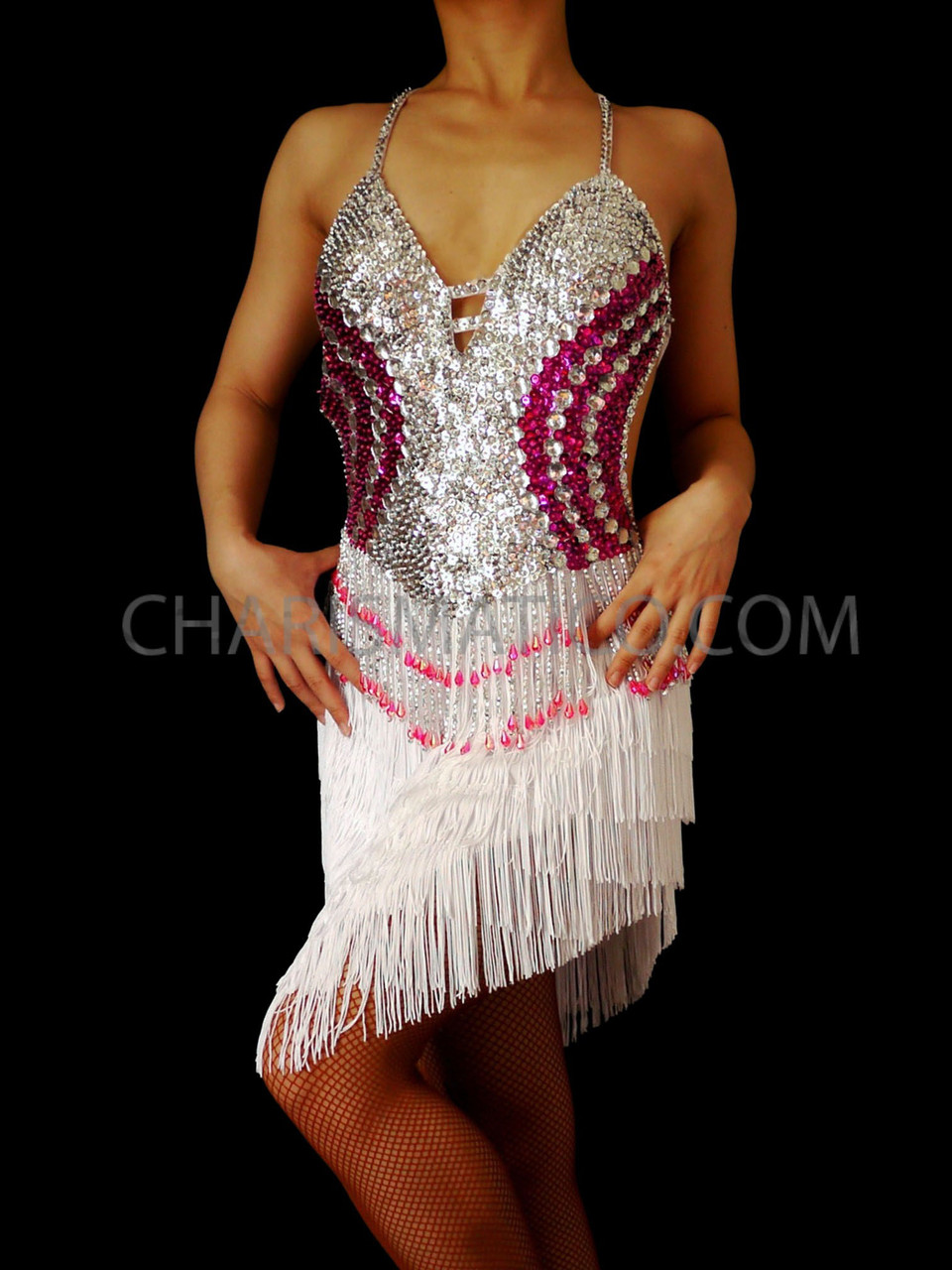 White Salsa Fringe Dress With Pink Accents, Sequins, And Bead work