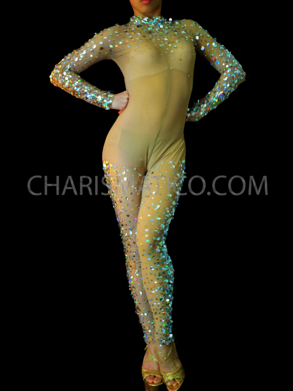 Sheer Nude Body Stocking With Iridescent Sequins And Crystals