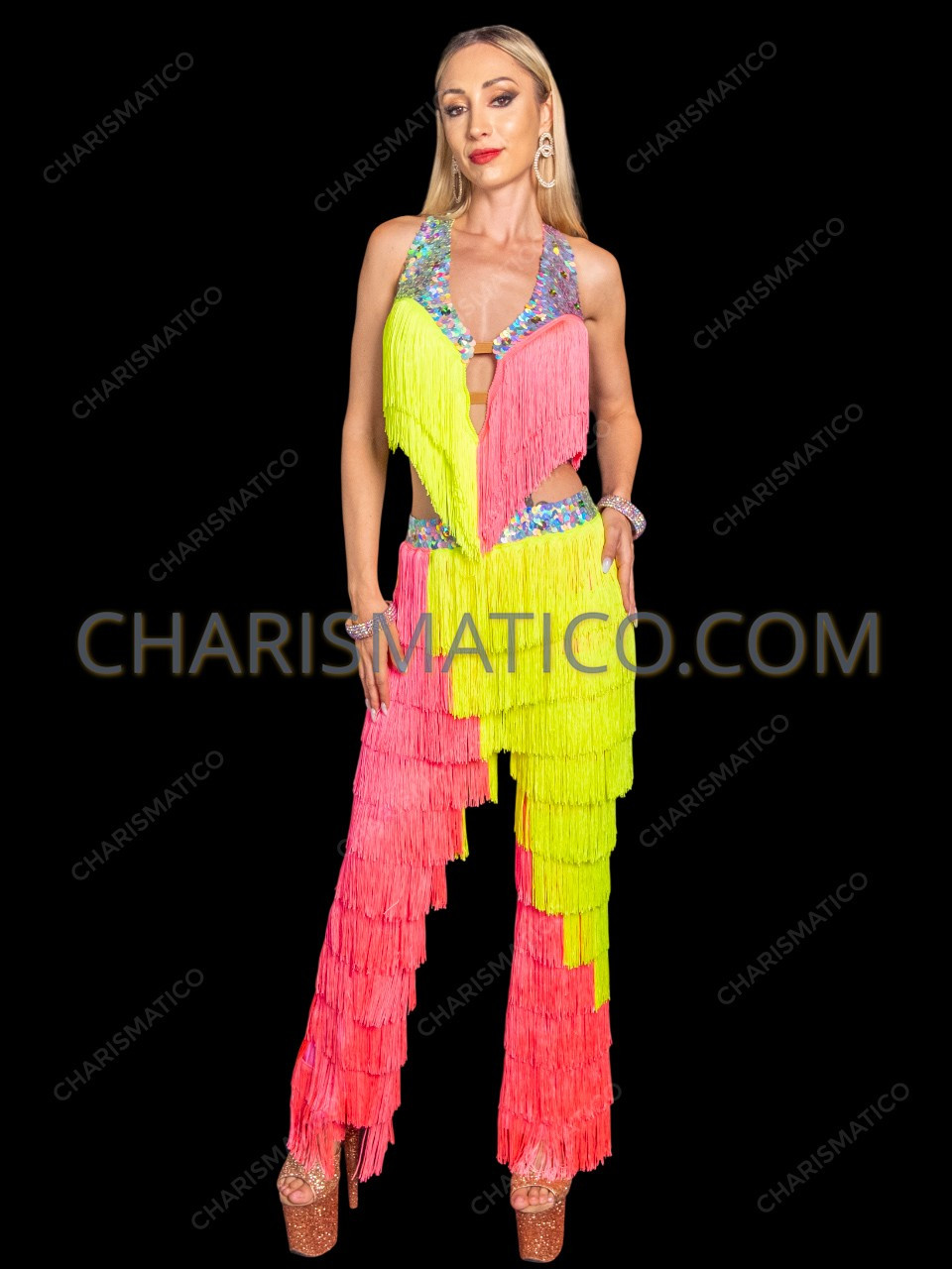 ワンピース Two-Tone Ribbon Romper Neon_Yellow_and_Pink_Two-