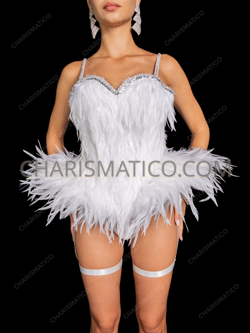 Snow White Feather Flared Hip Cabaret Burlesque Corset
