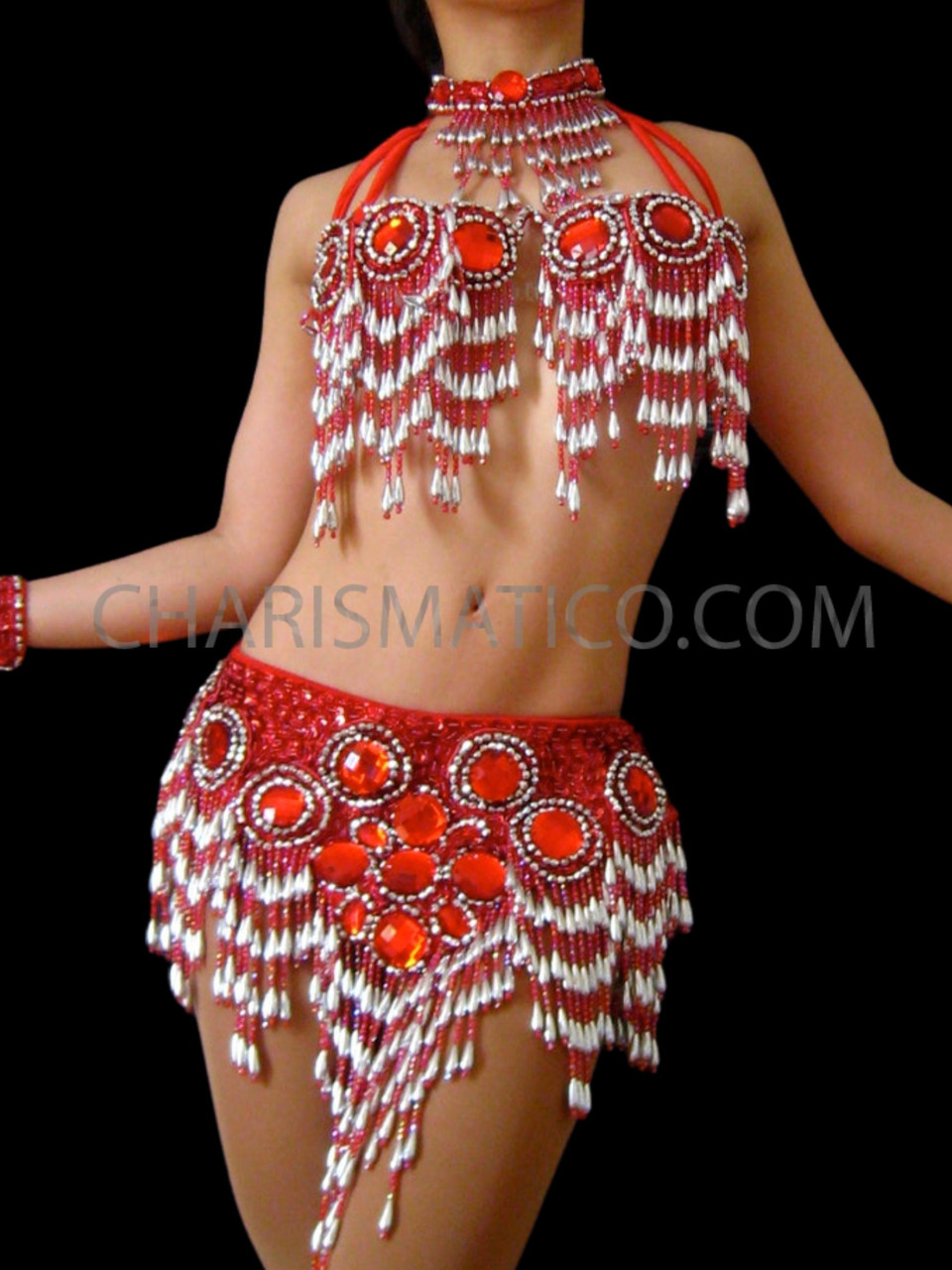 Hand Made Beaded Belly Dance Samba Costume Red Color Bra Belt