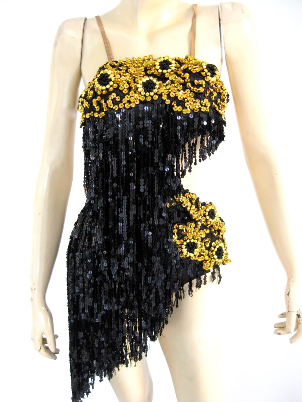 Black Gold Shiny Fringe Latin Dress - Charismatico Dancewear Store