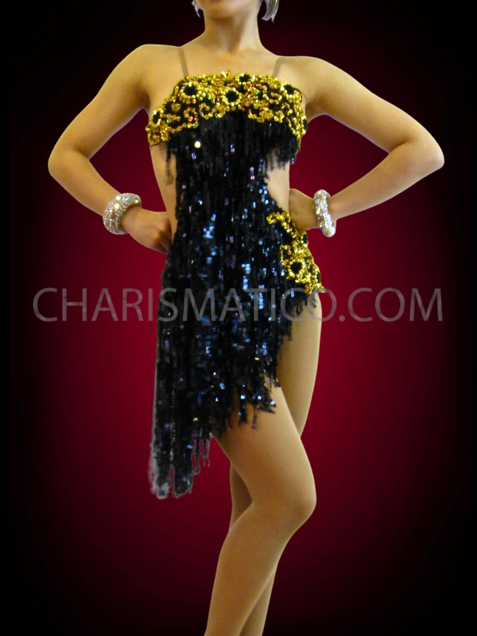 Gold Crystal Floral Lace Shiny Salsa Latin Dance Dress