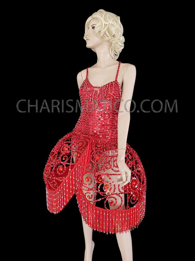 Red Sequin Leotard and Cage Skirt Set