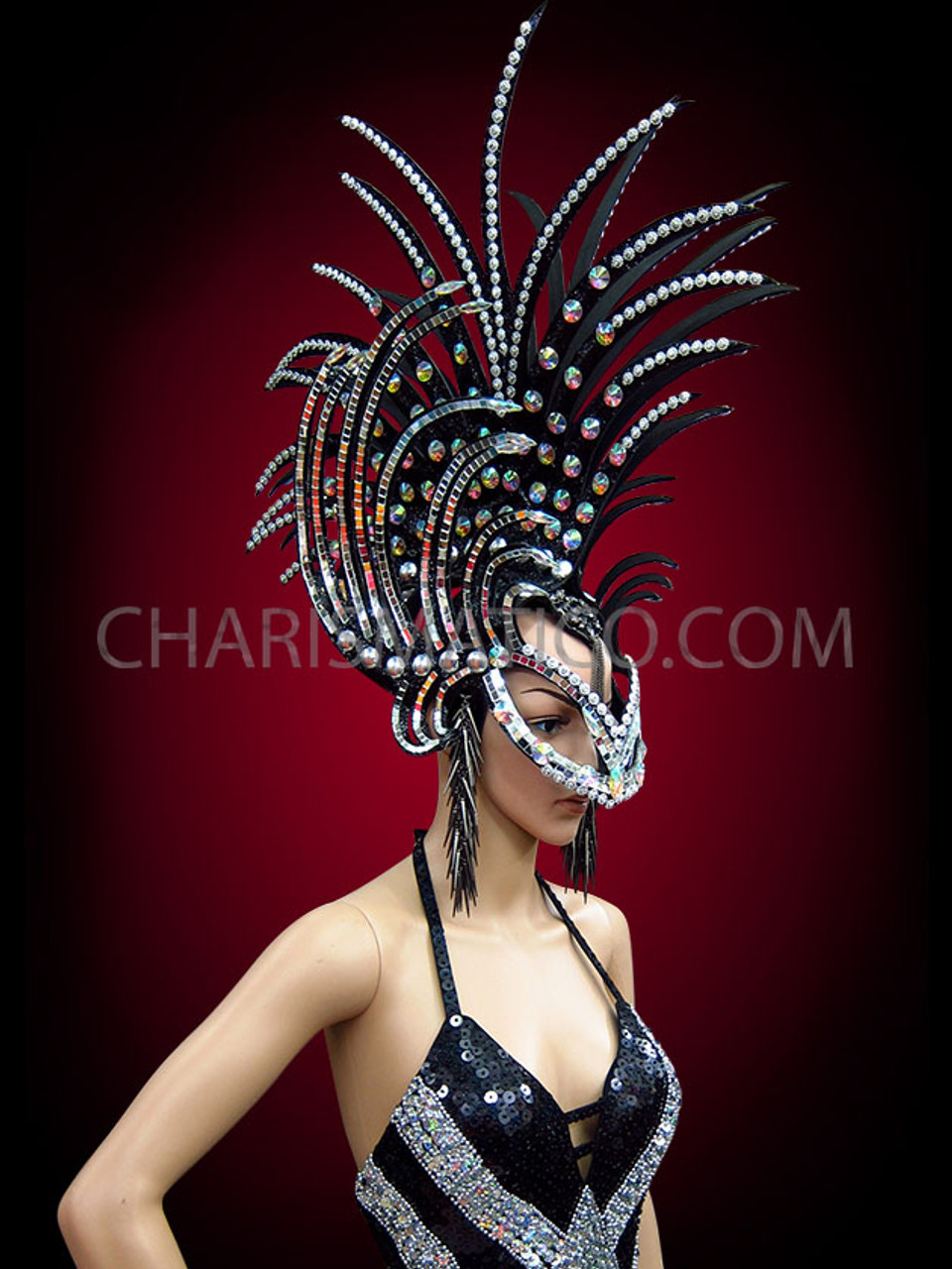 Black Mirror Accented And Crystal Studded Gothic Spiky Mask Headdress