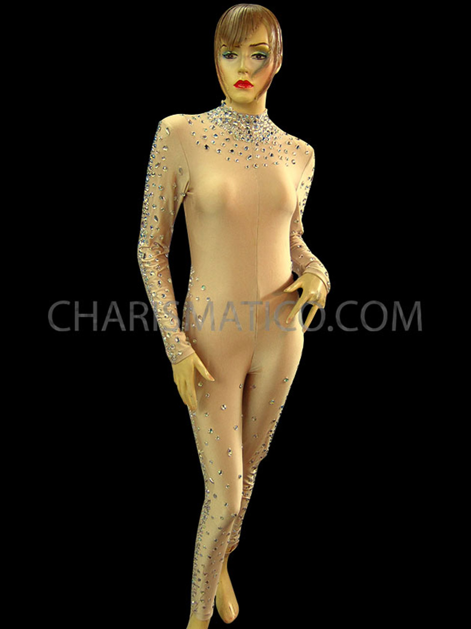 Nude Spandex Catsuit Styled Body Stocking With Iridescent Crystal Detailing