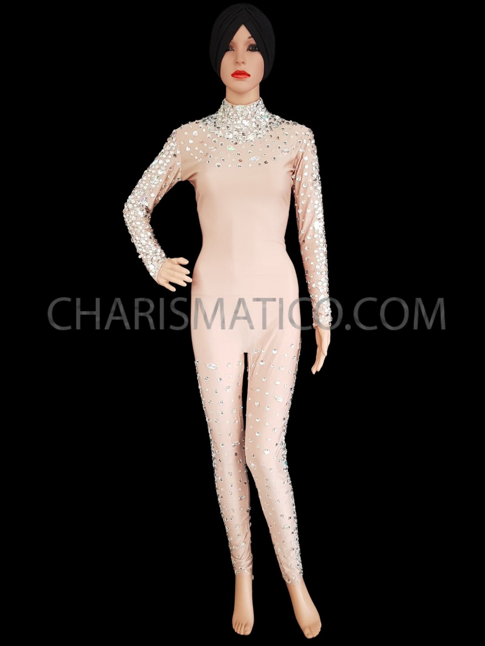 Nude Spandex Catsuit Styled Body Stocking With Iridescent Crystal Detailing