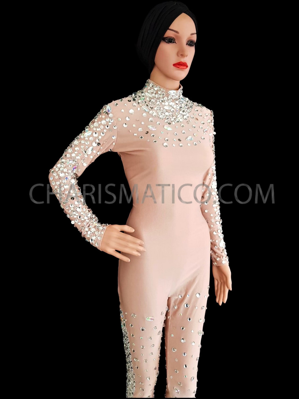 Nude Spandex Catsuit Styled Body Stocking With Iridescent Crystal Detailing