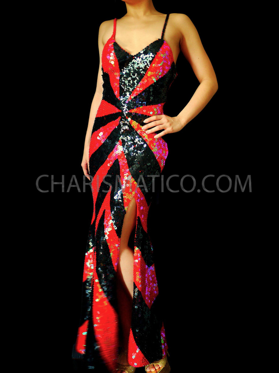 Curve Enhancing Lace Up Black And Red Sequin Drag Queen Gown