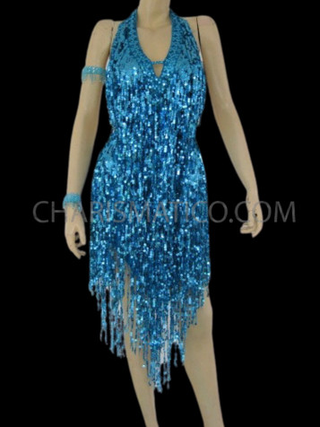 Blue Shiny Latin Fringe Salsa Dance Dress
