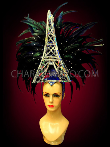 Amazing Eiffel Tower Headdress With Iridescent Raven Feathers And Rhinestones