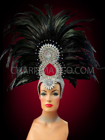 Tall Iridescent Black Feather Headdress With Sunburst Silver Glitter Detailing