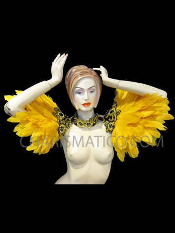Yellow Sequin Applique Choker Necklace With Attached Feathered Shoulder Accents