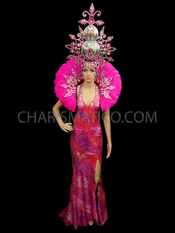 Long Pink Sequined Pageant Gown With Matching Headdress And Collar Set