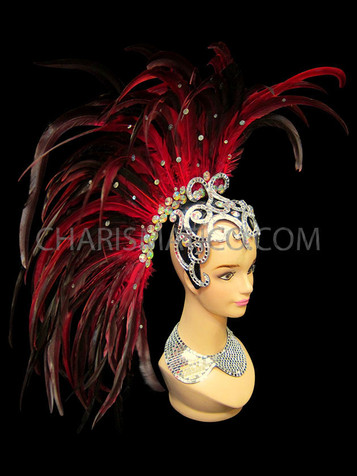 Asymmetrical Black And Red Feathered Headdress With Openwork Mirrored Cap