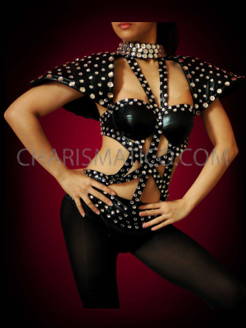 Black Leather Crystal Stud Gothic Gladiator Lady Gaga Inspired Leotard