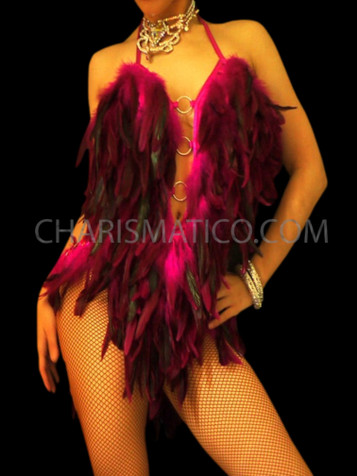 Halter Style Fuchsia Feathered Leotard Style Dress With Ring Detail