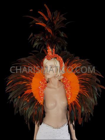 Orange Cabaret Feather Showgirl Headdress And Backpack