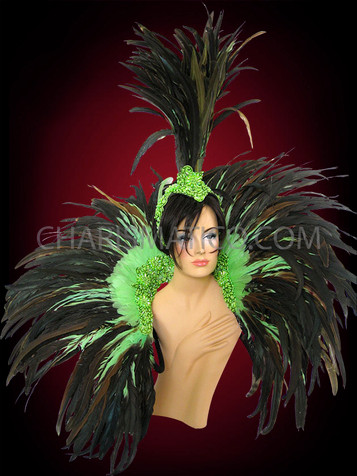 Green Cabaret Feather Showgirl Headdress And Backpack