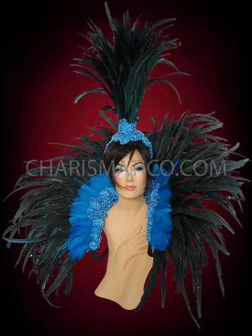 Blue Cabaret Feather Showgirl Headdress And Backpack