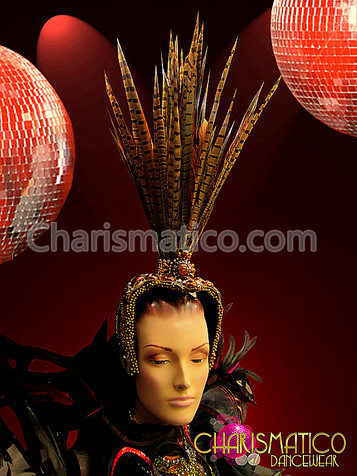 Natural Pheasant Feather Headdress With Gold, Silver, And Copper Beading