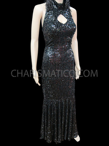 Black Figure Flattering Mock-Turtleneck Sweetheart Keyhole Sequin Pageant Gown