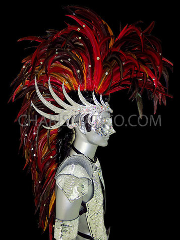 Fierce Red Feathered Mohawk Drag Queen Or Male Mirrored Headdress