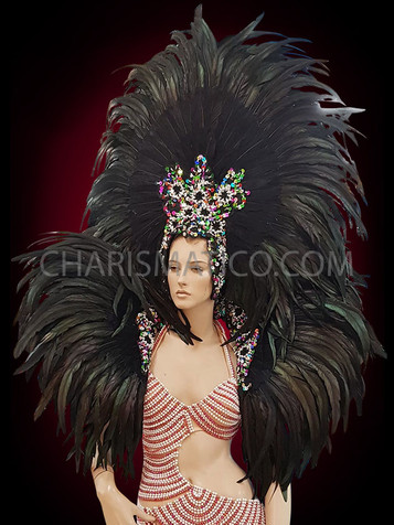 Black Cabaret Feather Showgirl Headdress And Backpack
