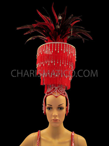 Red Fringe And Feathered Diva's Showgirl Headdress With White Beads