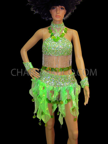 Two-Piece Neon Green Crystallized Top with Ruffled Skirt Dress