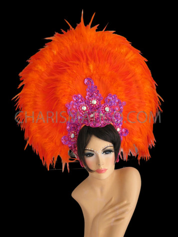 Tall Showgirl's Plush Vibrant Orange Feathers With Fuchsia Beading Headdress
