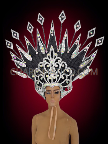Glittery Black And Silver Mirror Accented Showgirl's Drag Queen Headdress