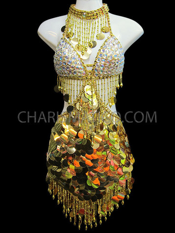 Jumbo Gold Sequin Accented Diva's Salsa Dress With Bejeweled Top