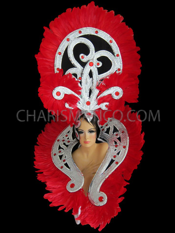 Scarlet Feathered Silver And Ruby Cabaret Showgirl's Headdress And Backpack