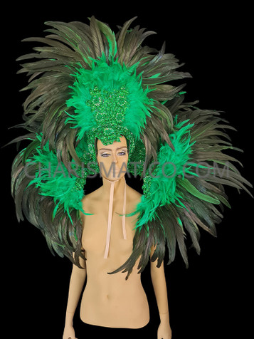 Two Tone Green Feather Headdress And Backpack With Iridescent Sequins