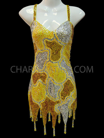 Three Toned Patchwork Yellow, Bronze, And Silver Sequined Diva's Dress