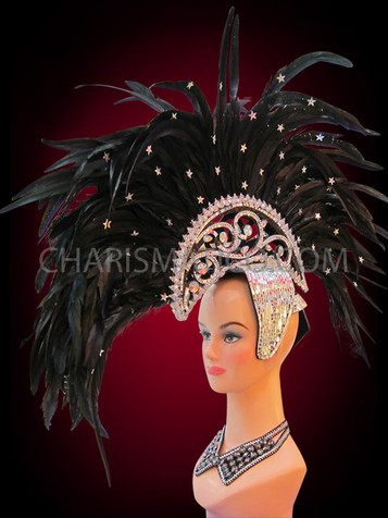 Star Studded Silver Mirror Tiled Cap Black Feather Mohawk Headdress