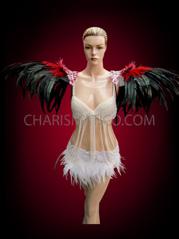 Red Accented Black Feather Collar With White Sequins And Beads